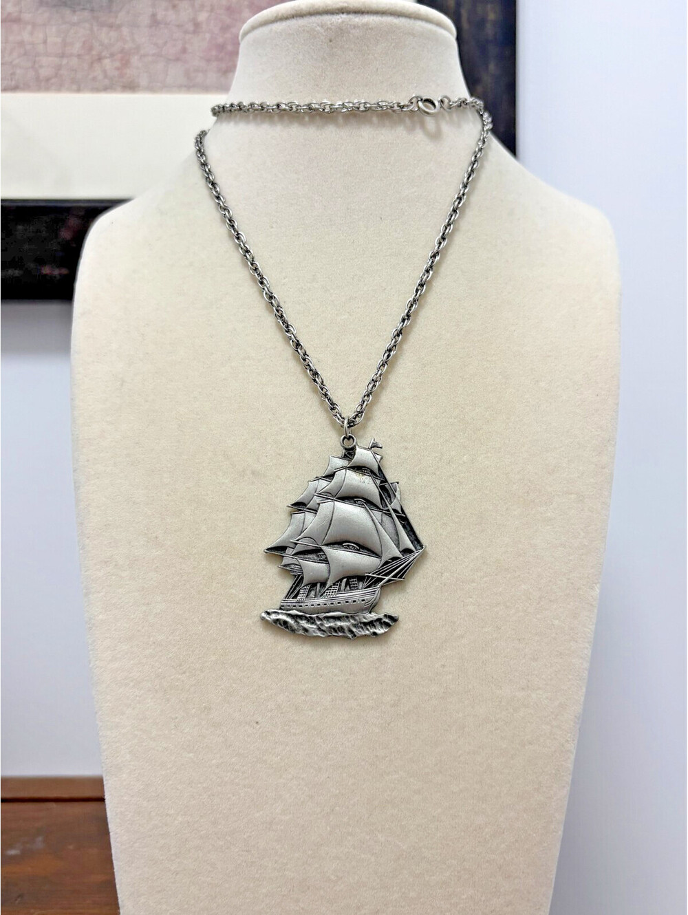 Vintage Pewter Tall Ship Pendant on Silver Tone Chain Necklace 1970s 24" Pirate